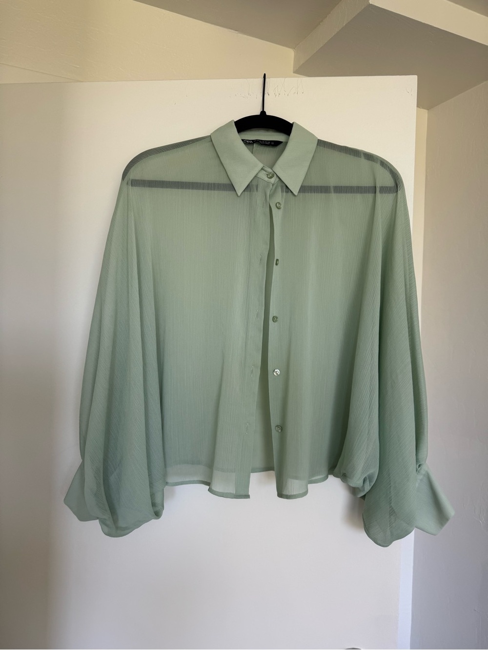 Zara Light Sage Oversized Sheer Button-Up Shirt